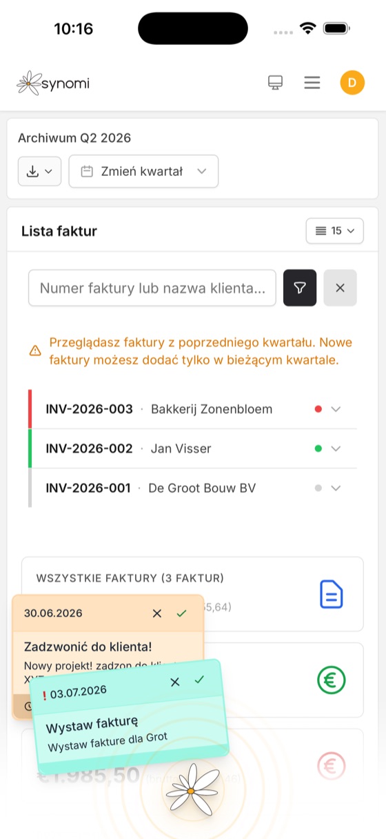 Lista faktur w aplikacji mobilnej Synomi
