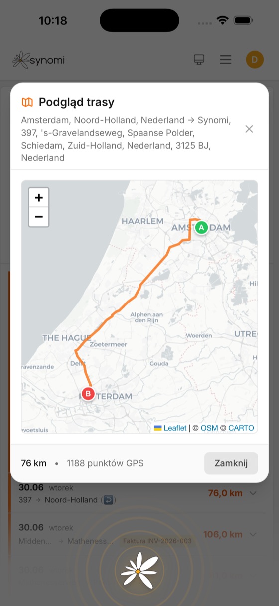 Podgląd trasy GPS w Synomi — mapa przejazdu Amsterdam–Schiedam