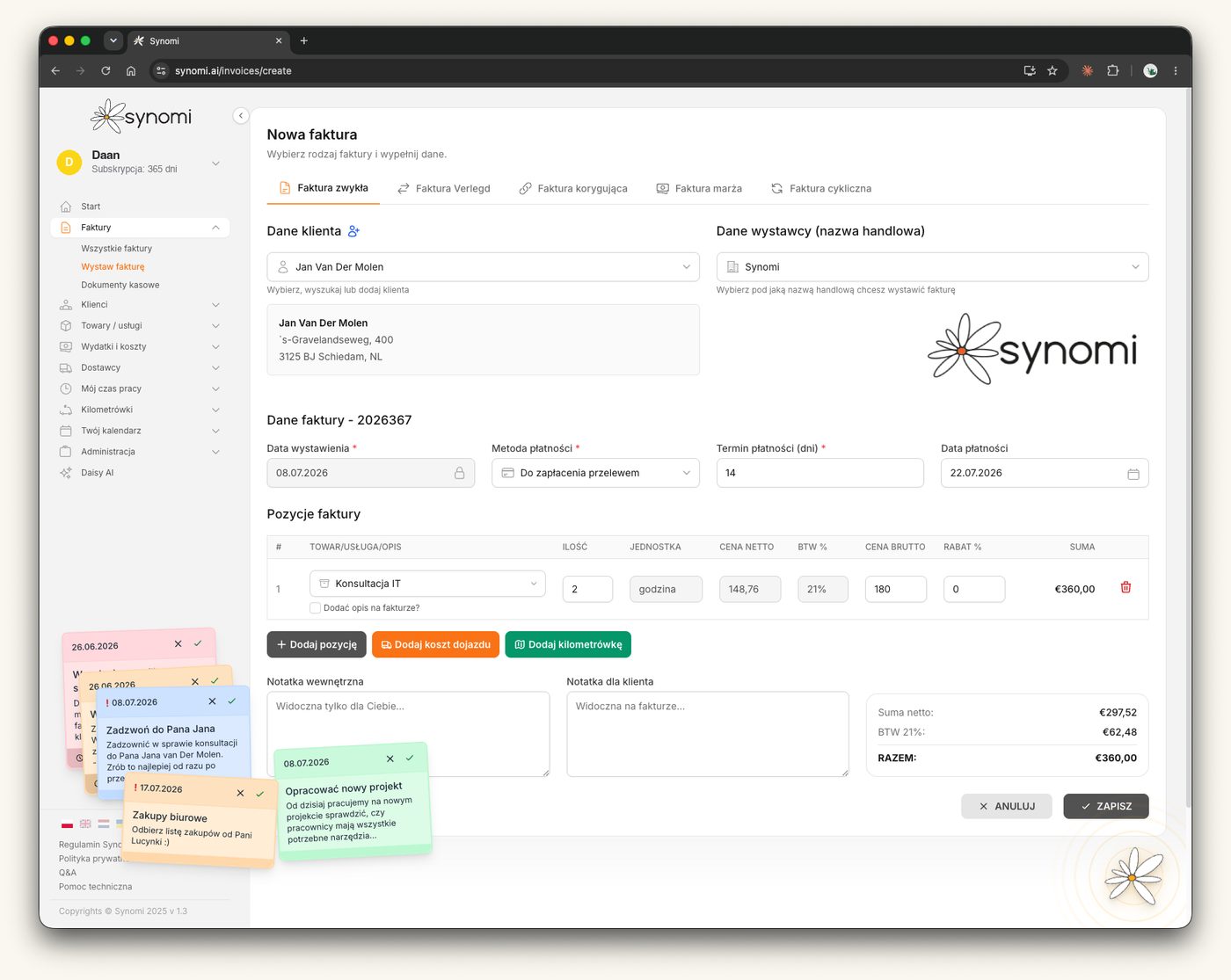 Formularz nowej faktury w Synomi — klient, pozycja, Zapisz