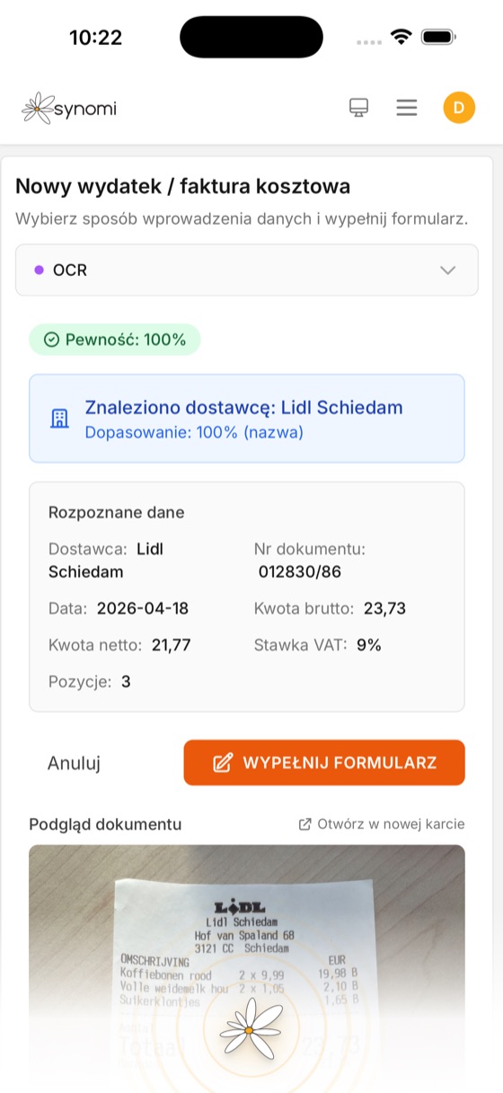 Skaner OCR w Synomi — rozpoznany paragon z pewnością 100%